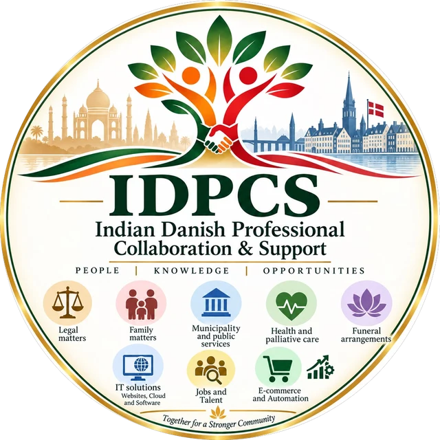 IDPCS emblem: a tree of two people joining hands between Indian and Danish skylines